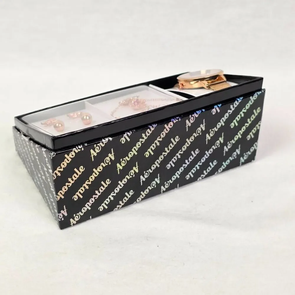 Aeropostale Watch Jewelry Set Necklace Earrings Rose Gold Pink